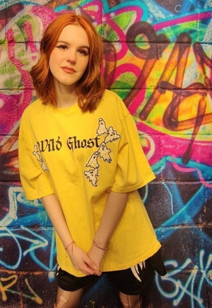 Ghost patch t-shirt flock Casper cartoon mesh tee in yellow