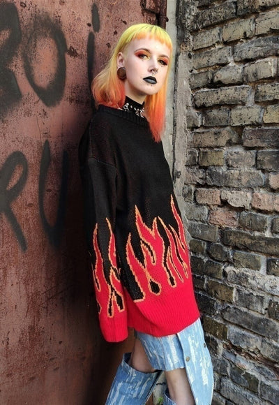 Flame knitted sweater red fire boxy fit knitwear jumper red