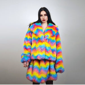 Faux fur skirt rainbow midi fluffy fleece dress unicorn bottoms fluffy carnival skirt elasticated waist skirt burning man luminous skirt