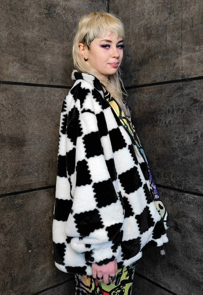 SKA Check fleece jacket handmade reversible chess coat white