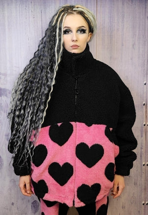 Heart fleece handmade love emoji bomber jacket in pink black