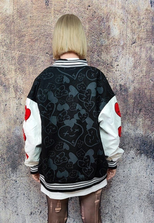 Heart patch varsity jacket faux leather sleeve bomber black