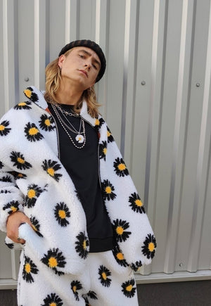 Daisy print fleece jacket handmade sunflower bomber in white