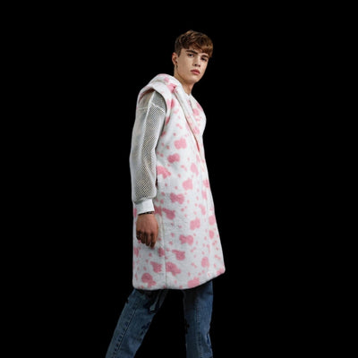 Cow print long coat hooded spot trench fluffy rave bomber detachable fleece festival removable sleeves burning man jacket pastel pink