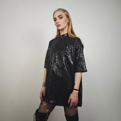 Black sequin t-shirt glitter top sparkle jumper party pullover glam rock jumper fancy dress embellished going out tee in luminous dark