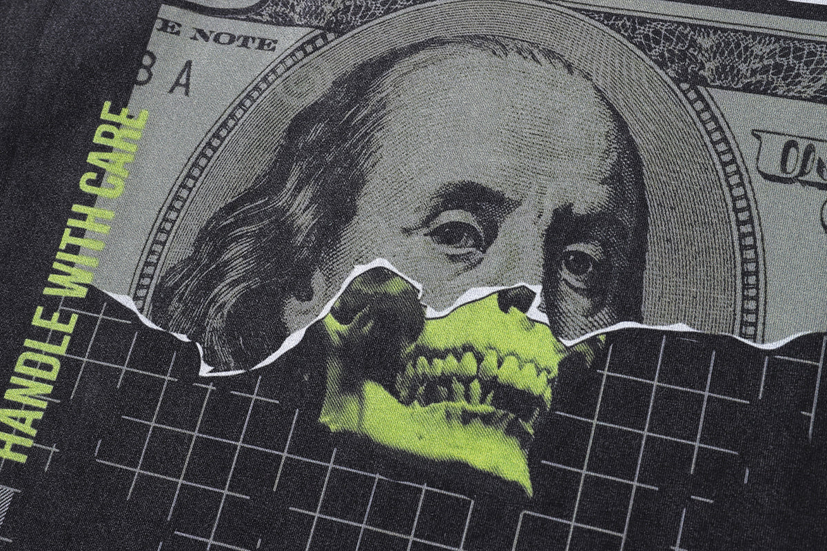 Psychedelic punk t-shirt money slogan tee creepy skull top in vintage grey