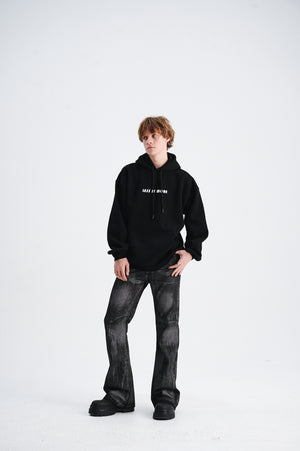 Volcano print hoodie gorpcore flame pullover less is more slogan jumper in black
