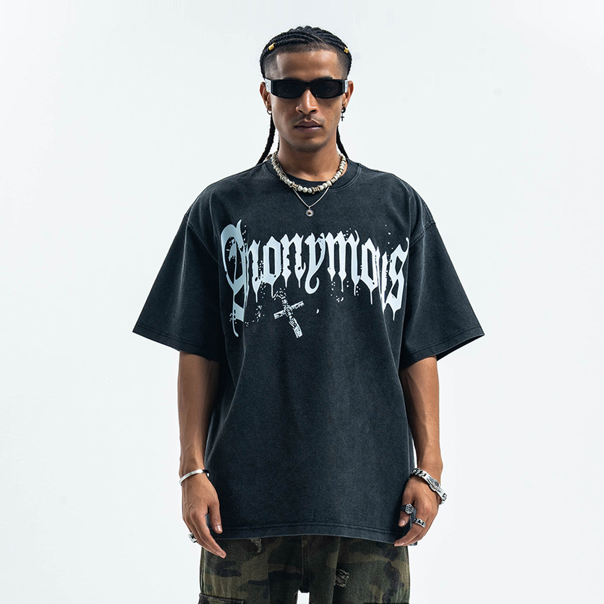 Anonymous t-shirt slogan top cross print tee in black