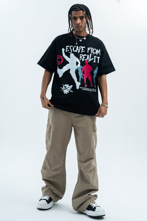 Psychedelic t-shirt graffitit top escape slogan tee raver jumper in black