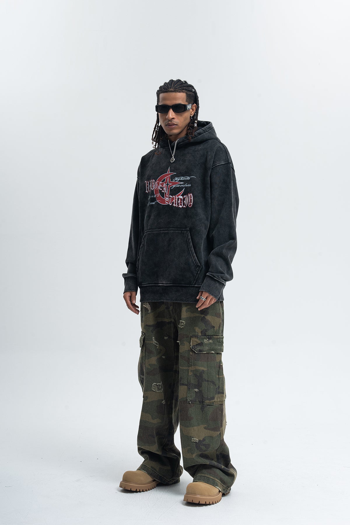 Anti war hoodie retro piece pullover grunge vintage wash jumper in acid grey