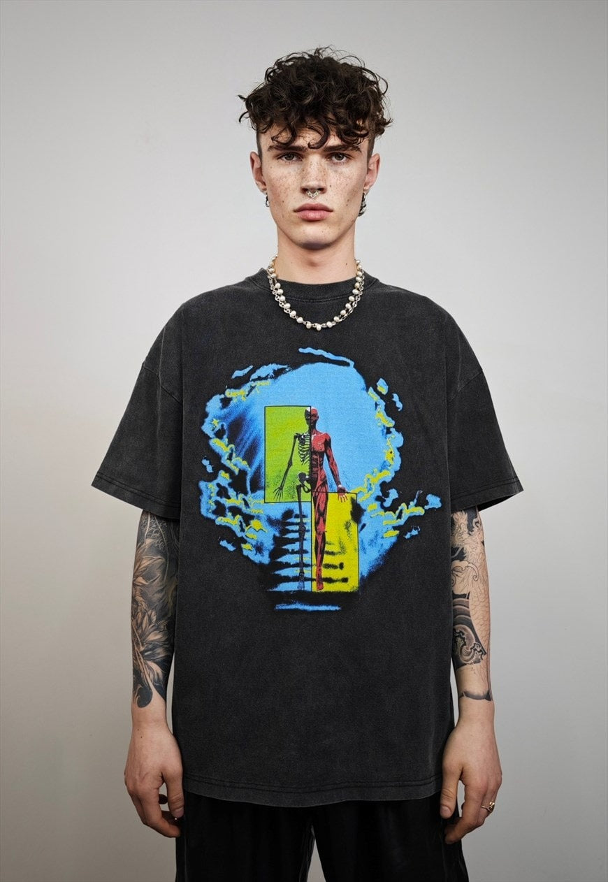 Skeleton Emoji  Printed vintage wash t-shirt sample sale 3 for 2