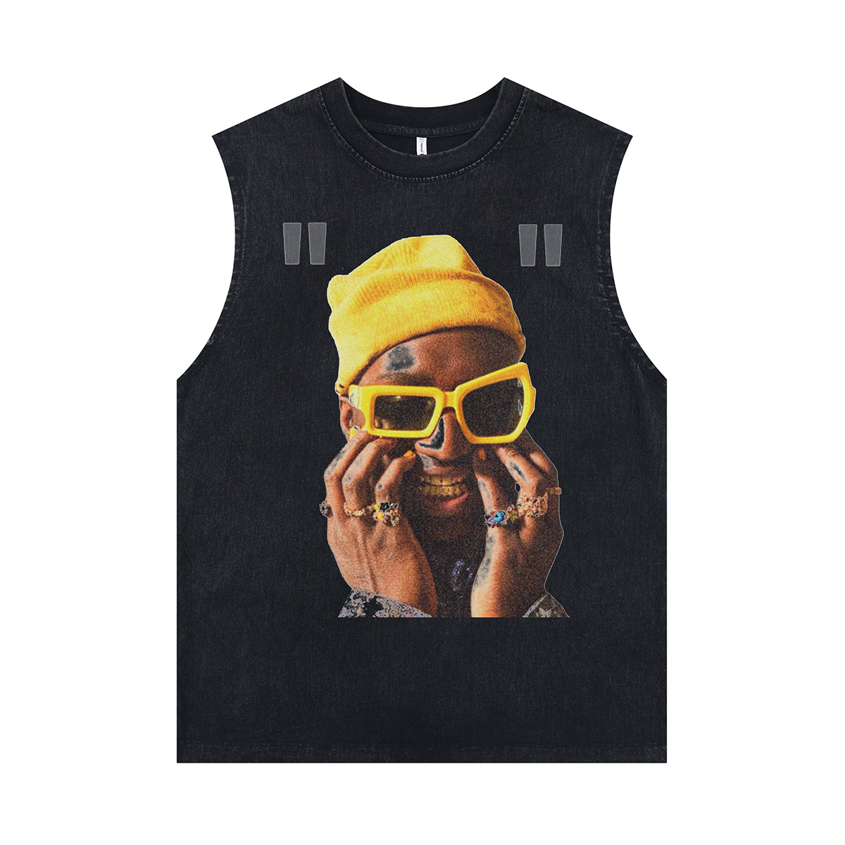 Cyberpunk sleeveless t-shirt catalyst slogan surfer vest 00s psychelic tank top in acid wash black