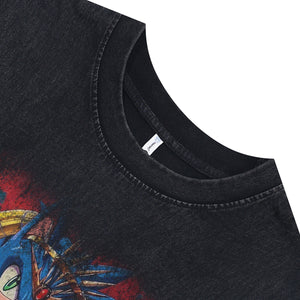 Crazy anime sleeveless t-shirt vintage Japanese vest retro cartoon tank top in acid wash black