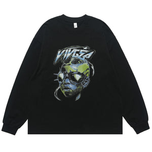 Cyberpunk top long sleeve psychedelic jumper raver print t-shirt in black