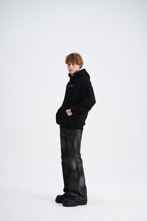 Middle finger print hoodie retro gunge jumper hip-hop pullover balaclava top in black