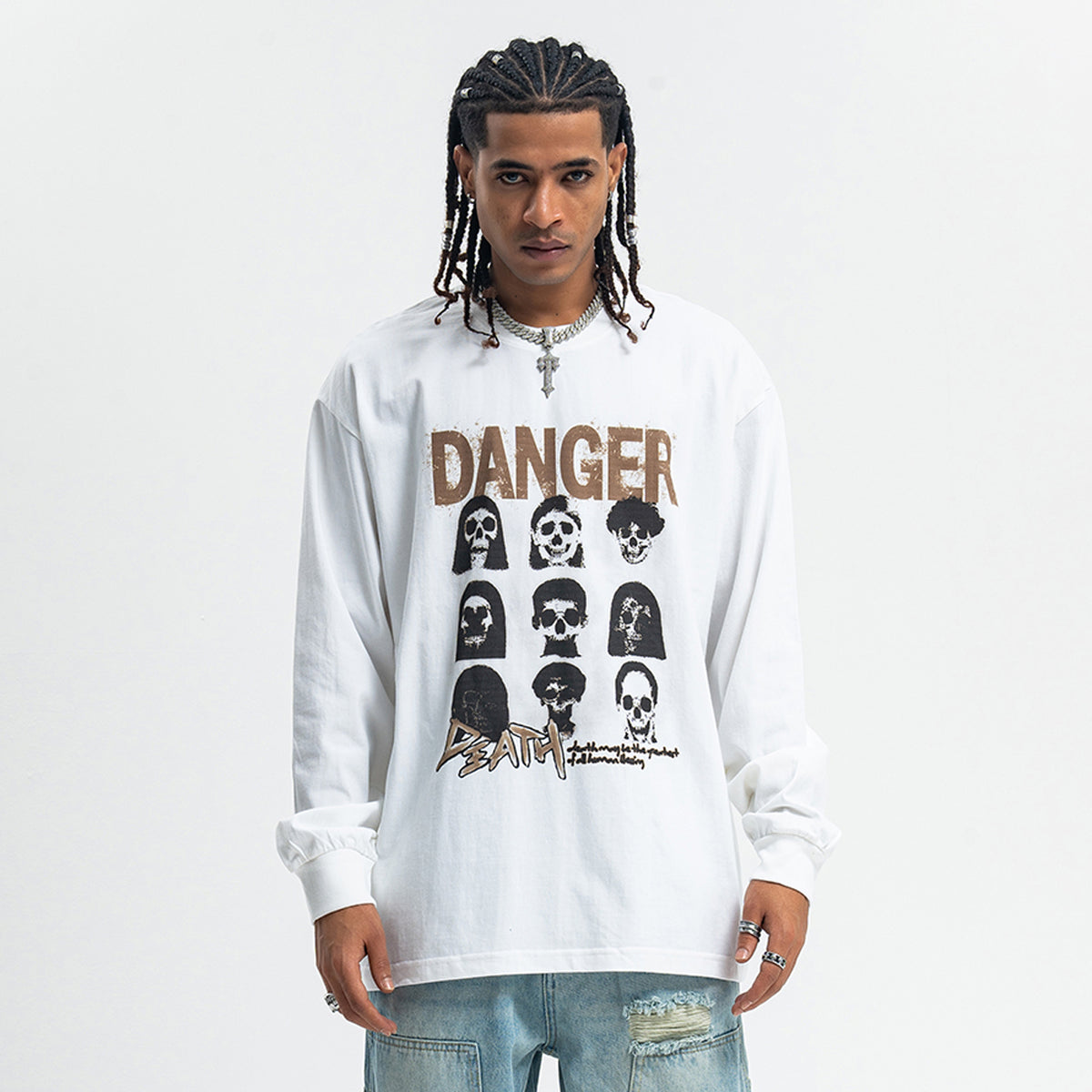 Danger slogan jumper skull print top 90s gothic poster long sleeve t-shirt in green
