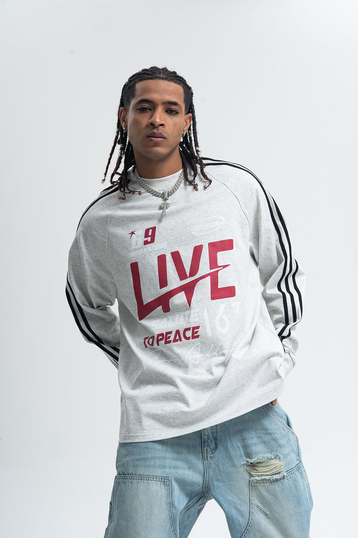 Peace slogan jumper long sleeve anti war top striped grunge t-shirt in black