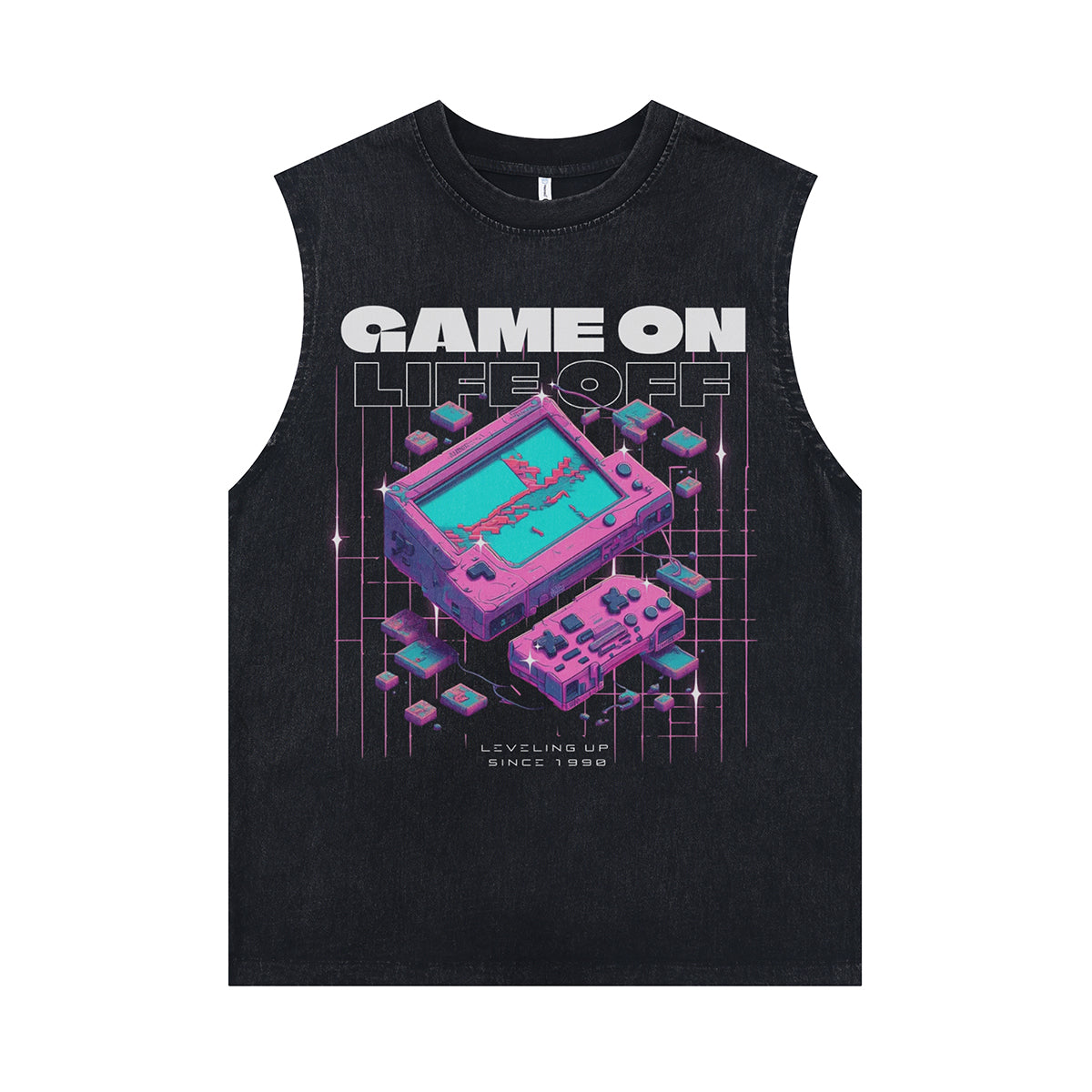 Gamer sleeveless t-shirt retro console print surfer vest 00s raver tank top in acid wash black