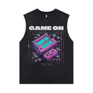 Gamer sleeveless t-shirt retro console print surfer vest 00s raver tank top in acid wash black