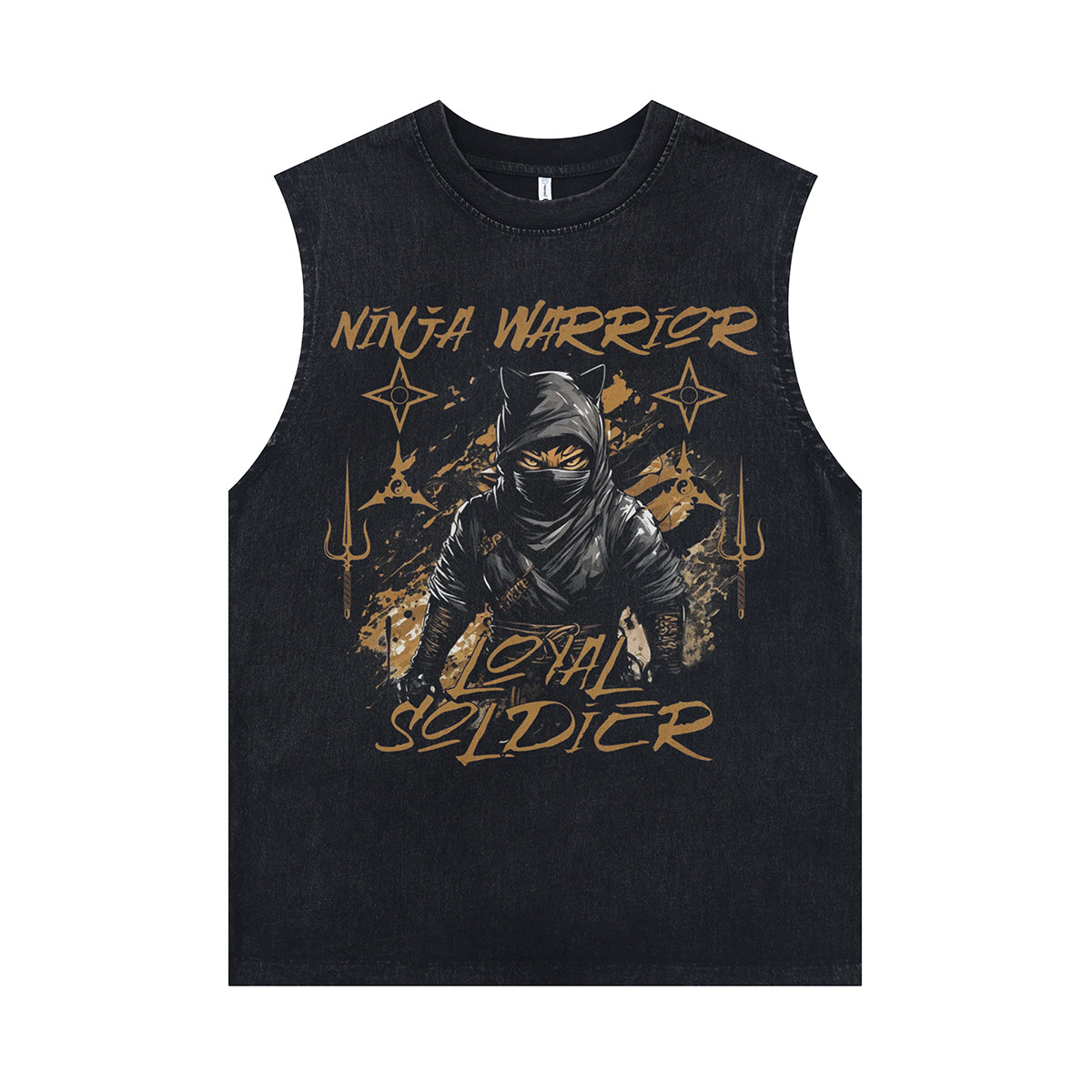 Ninja cat sleeveless t-shirt retro Japanese surfer vest 90s grunge tank top in acid wash black