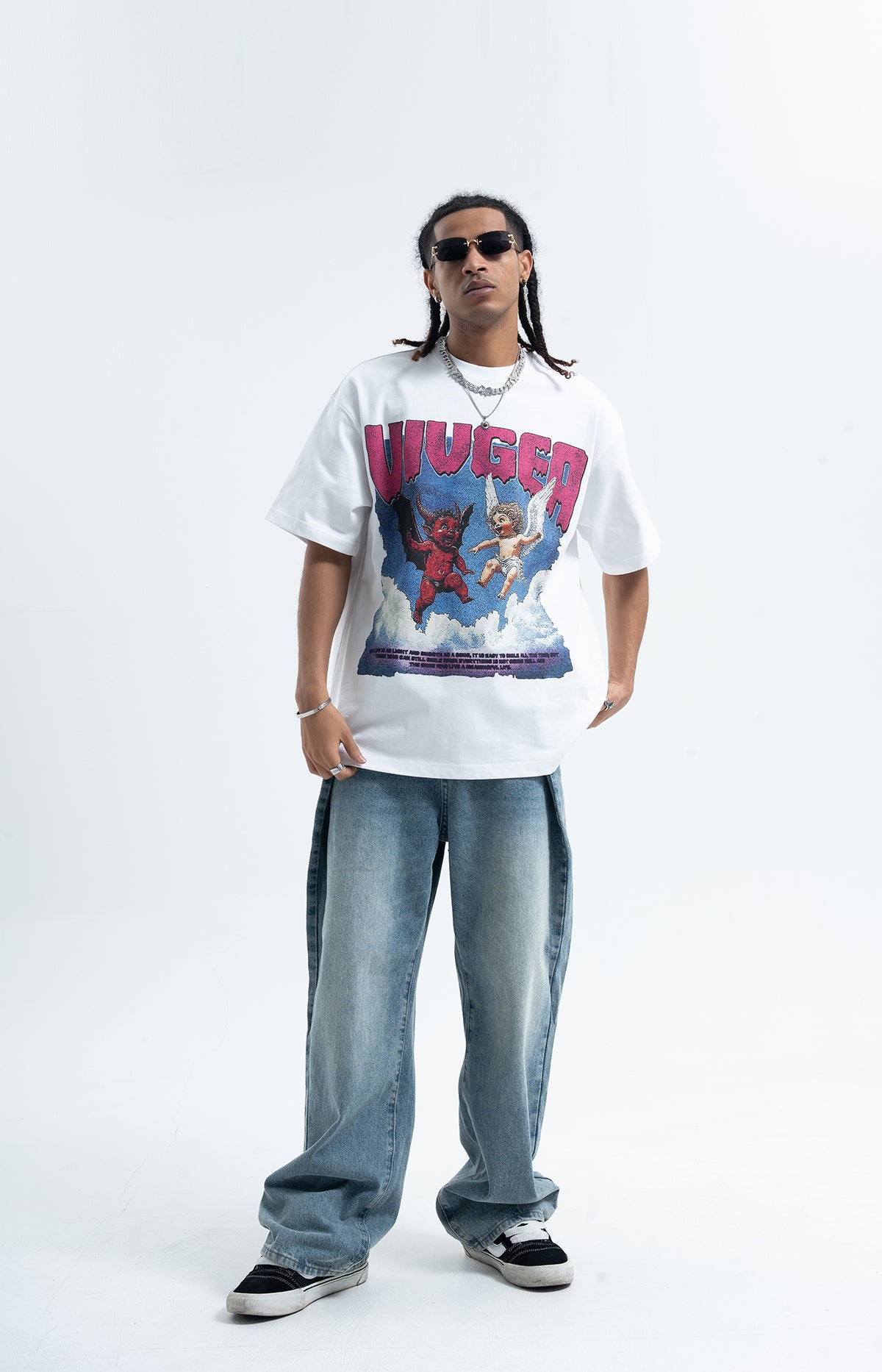 Angel devil t-shirt funny religion top retro cartoon tee in black