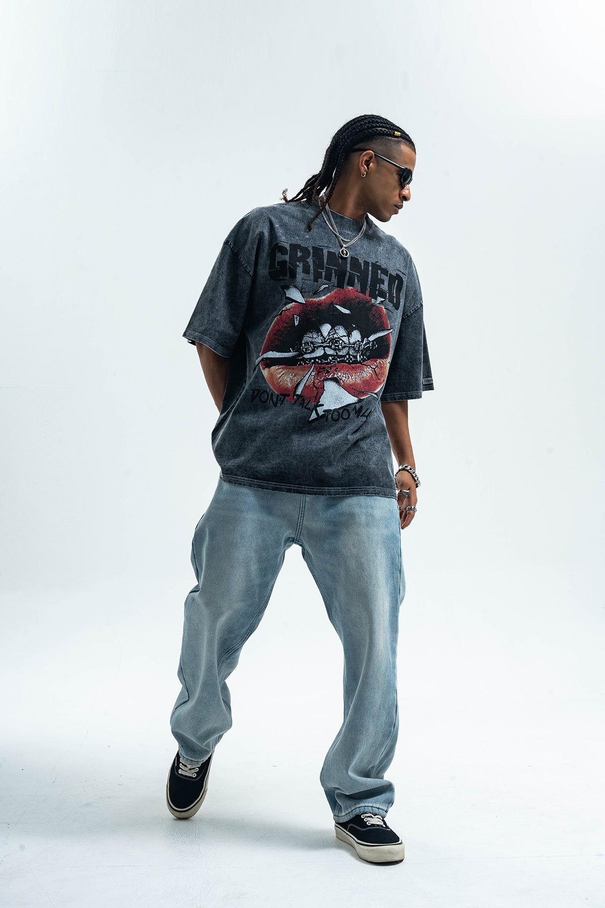 Grillz t-shirt mouth print top grunge hip-hop tee rapper jumper in grey