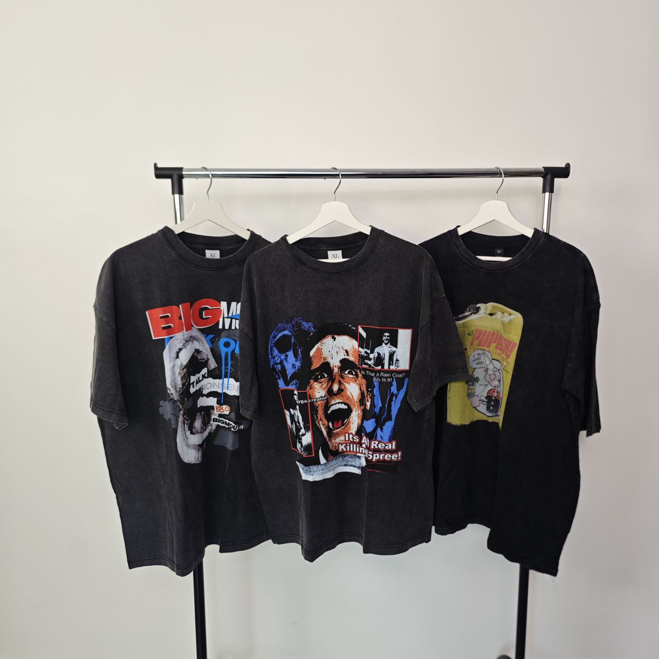 Big mouth, American Psycho & Popeye PRINT vintage wash t-shirt sample sale 3 for 2