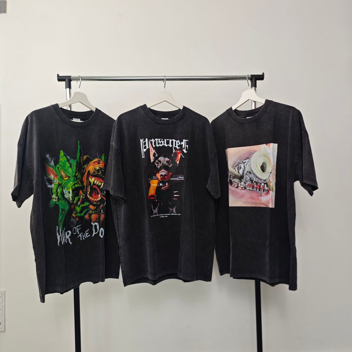 Crooked teeth, Heavenly Lake Tahoe & Doberman PRINT vintage wash t-shirt sample sale 3 for 2