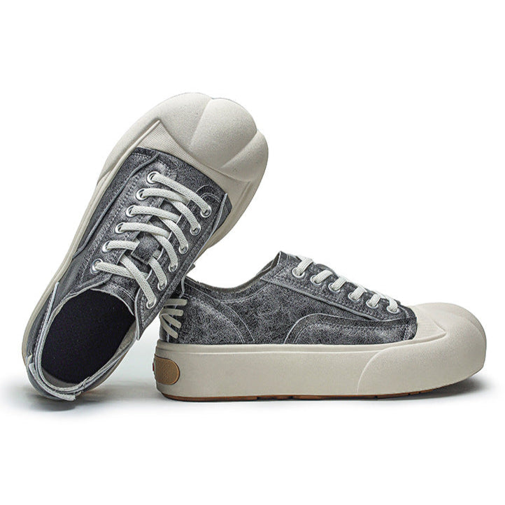 Platform faux leather sneakers grey futuristic round toe chunky sole skater shoes grunge punk trainers