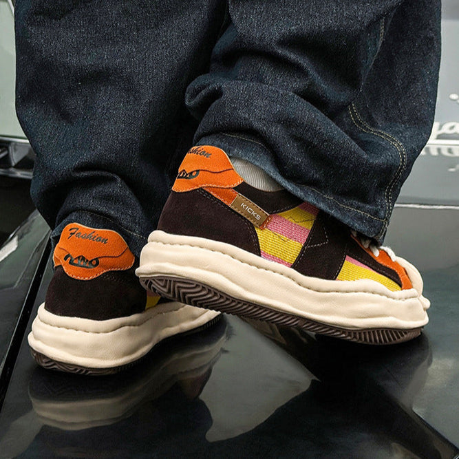 Melted platform denim sneakers rainbow  round toe chunky skater shoes grunge suede feel LGBT trainers