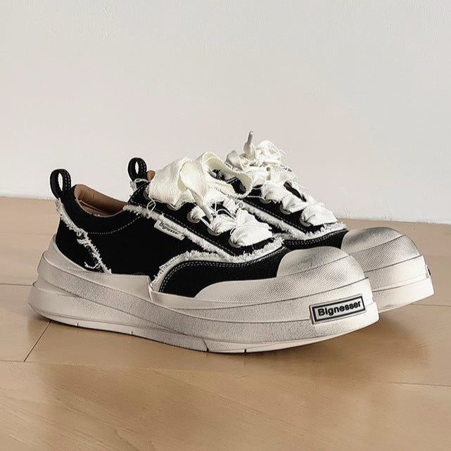 Platform distressed denim sneakers black round toe chunky skater shoes grunge jean trainers