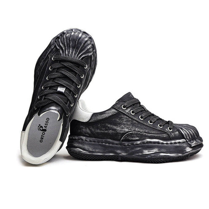 Oil wash melted platform sneakers black round toe chunky skater shoes grunge rapper trainers
