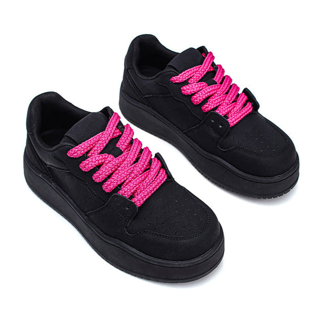 Chunky platform high tops black rave sneakers pink laces grunge shoes hip-hop trainers 00s style