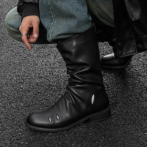 Long wrinkled catwalk boots black faux leather flat sole ankle shoes punk rocker shoes edgy 90s style