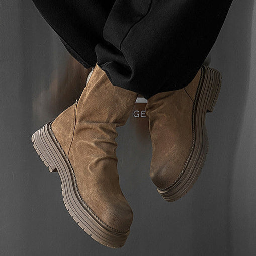 Wrinkled faux suede boots black tractor sole slip on ankle shoes hiking shoes edgy work trainers