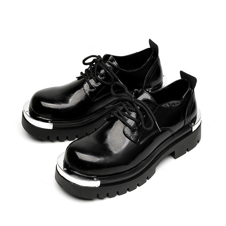 Metal plated Derby shoes matte black chunky sole round toe brogues faux leather catwalk shoes grunge fashion