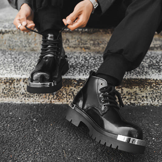 Metal plated ankle boots black shiny patent faux leather chunky sole round toe grunge shoes