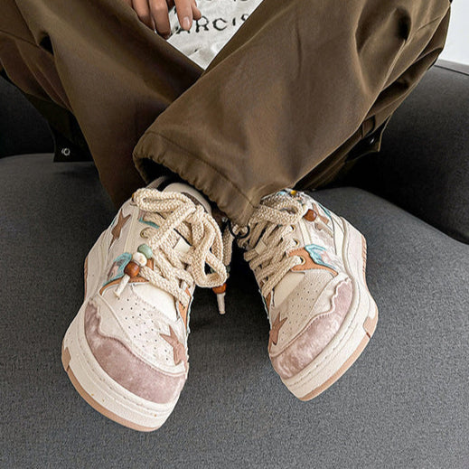 Star patchwork sneakers beige sea life shoes chunky sole hip-hop trainers 00s style