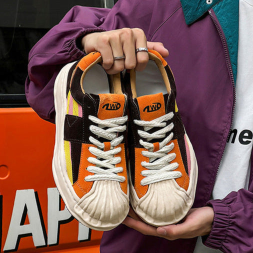 Melted platform denim sneakers rainbow  round toe chunky skater shoes grunge suede feel LGBT trainers