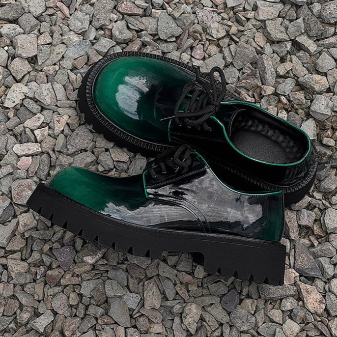 Tractor platform Derby shoes emerald green patent faux leather chunky sole grunge E-boy boots
