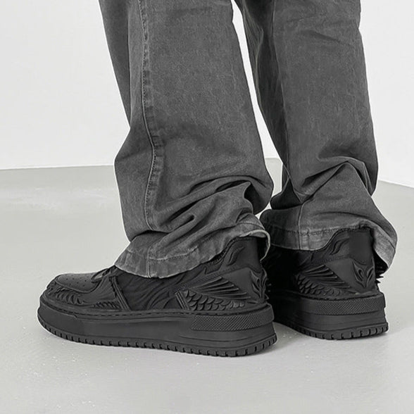 Dragon sneakers black 3D printed Japanese trainers chunky sole skater shoes