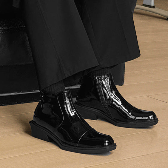 Pointy toe shiny ankle boots black unisex patent faux leather cowboy shoes high heel catwalk Chelsea boot