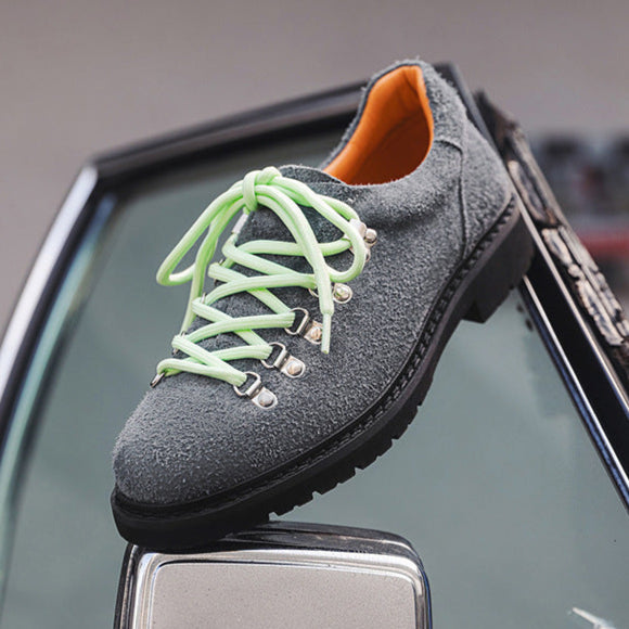 Hiking style shoes grey flat sole round toe suede feel boat sneakers grunge retro casual mountain trainers