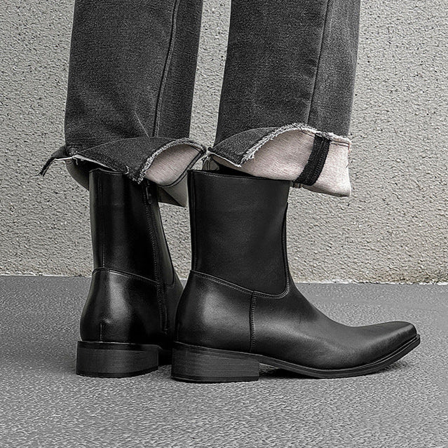 Pointy toe unisex boots black faux leather cowboy shoes high heel catwalk Chelsea boot