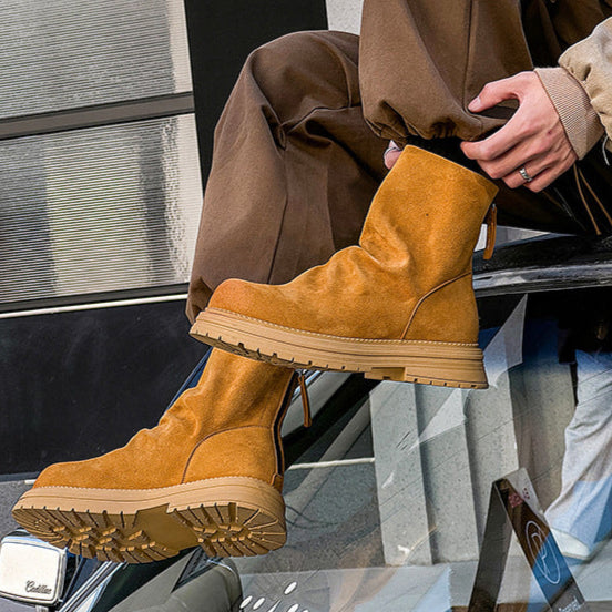 Wrinkled faux suede boots black tractor sole slip on ankle shoes hiking shoes edgy work trainers
