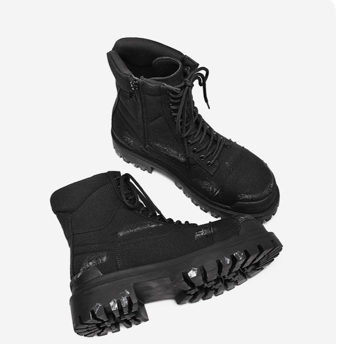 Grunge denim boots black ripped jean ankle shoes tractor sole hiking shoes edgy mountain trainers