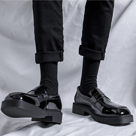 Square toe boat shoes black shiny patent faux leather chunky sole smart boots