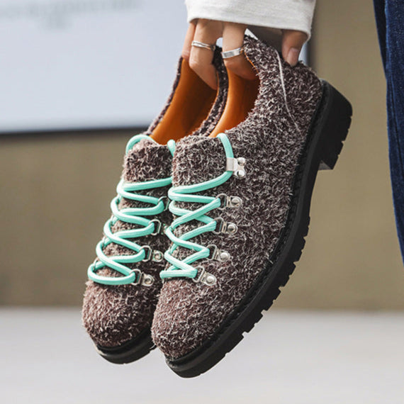 Hiking style shoes brown flat sole round toe suede feel boat sneakers grunge retro casual mountain trainers