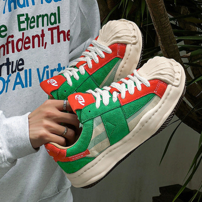 Melted platform denim sneakers green round toe chunky skater shoes grunge suede feel trainers