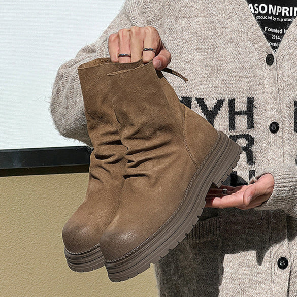 Wrinkled faux suede boots black tractor sole slip on ankle shoes hiking shoes edgy work trainers